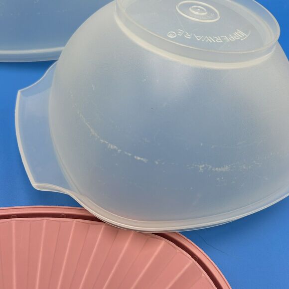 Vintage Tupperware Servalier Bowls Set 4 Sunburst Lid Seal Pink Aqua Almond Blue - Picture 9 of 16